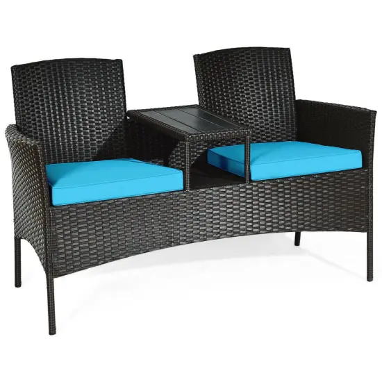 Modern Patio Conversation Set with Built-in Coffee Table and Cushions Turquoise {3}