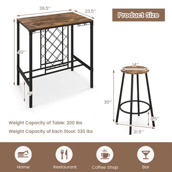 Costway 5PCS Bar Table & Stools Set Industrial Bistro Set with Wine Rack & Glass Holder {4}