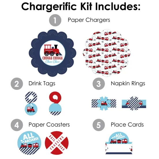 Big Dot of Happiness Railroad Party Crossing - Steam Train Birthday Party or Baby Shower Paper Charger & Table Decorations Chargerific Kit for 8 {4}