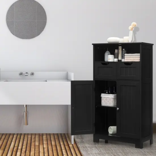 Bathroom Wooden Side Cabinet with 2 Drawers and 2 Doors Black {2}