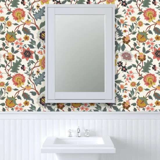 Pre-Pasted Wallpaper 2FT Wide Multicolor Flowers Folk Garden Bedroom Italian Botanical Florals Villa Sage Mustard Coral Wildflower Meadow Large Scale Custom Pre-pasted Wallpaper by Spoonflower {6}
