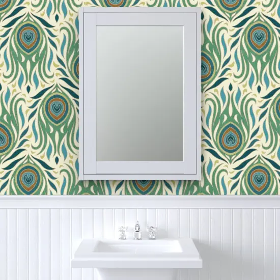 Peel & Stick Wallpaper 2FT Wide Animal Print Feathers Peacocks Birds Green Blue Custom Removable Wallpaper by Spoonflower {6}