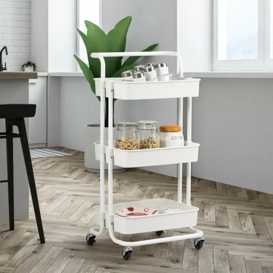 3-Tier Multi-Purpose Vertical Utility Cart with Smooth Casters Ample Storage and Drainage Design White {2}