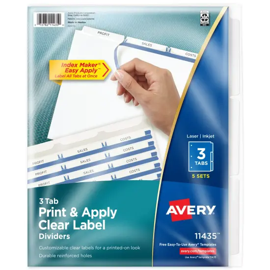 Avery 3-Tab Dividers for 3 Ring Binder, Easy Print & Apply Clear Label Strip, Index Maker Customizable White Tabs, 5 Sets (11435) {1}