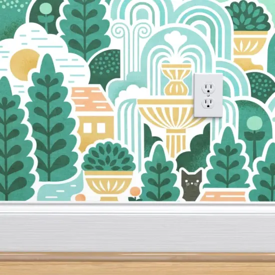 Pre-Pasted Wallpaper 2FT Wide Green Landscape Nature Cats Animals Woods Tree Forest Large Scale Italian Fountain Botanical Custom Pre-pasted Wallpaper by Spoonflower {4}