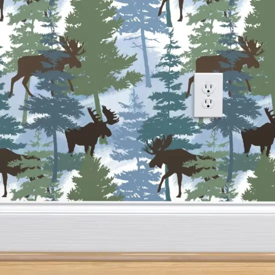 Pre-Pasted Wallpaper 2FT Wide Blue Woods Outdoor Green Trees Moose Wildlife. Pines Forest Winter Custom Pre-pasted Wallpaper by Spoonflower {4}