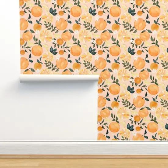 Peel & Stick Wallpaper 2FT Wide Watercolor Fruit Summer Orange Citrus Modern Botanical Small Scale Custom Removable Wallpaper by Spoonflower {2}