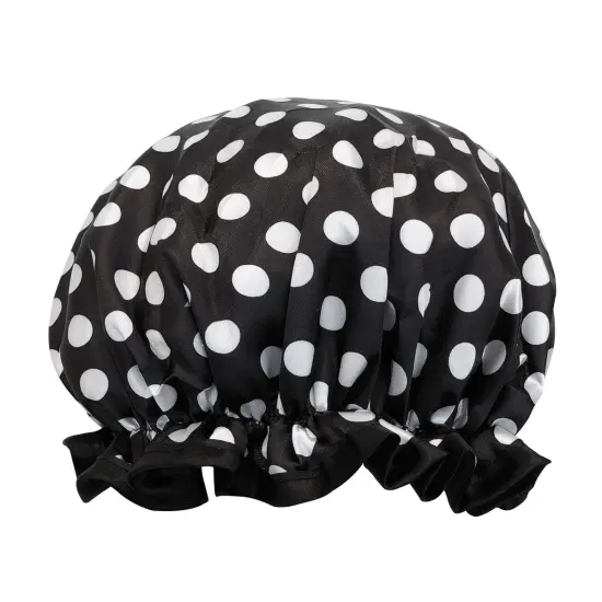 Wrapables Reusable Women's Waterproof Shower Caps for Long Hair Black White Dots {1}