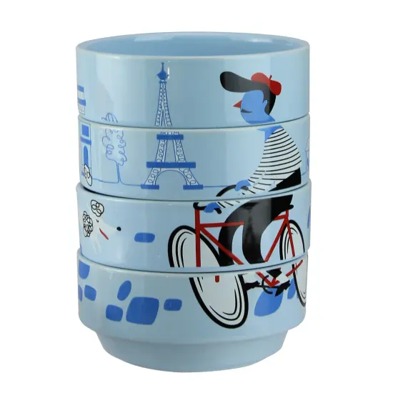 Wild Eye Set of 4 Pale Blue French Parisian Experience Decorative Stacking Bowls 7" {3}