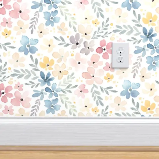 Peel & Stick Wallpaper 2FT Wide Whimsical Floral Watercolor Flowers Nature Botanical Pink Blue Pastel Spring Custom Removable Wallpaper by Spoonflower {4}