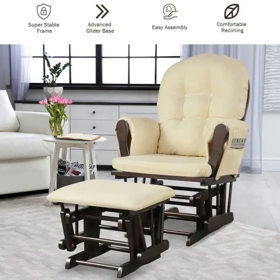 Solid Wood Gliding Chair Set with Pockets and Ottoman for Relaxing Beige {3}