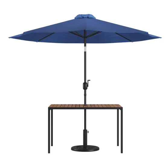 Merrick Lane Outdoor Powder Coated Steel Dining Table with Faux Teak Poly Slat Top, 9' Patio Umbrella and Base Navy {1}