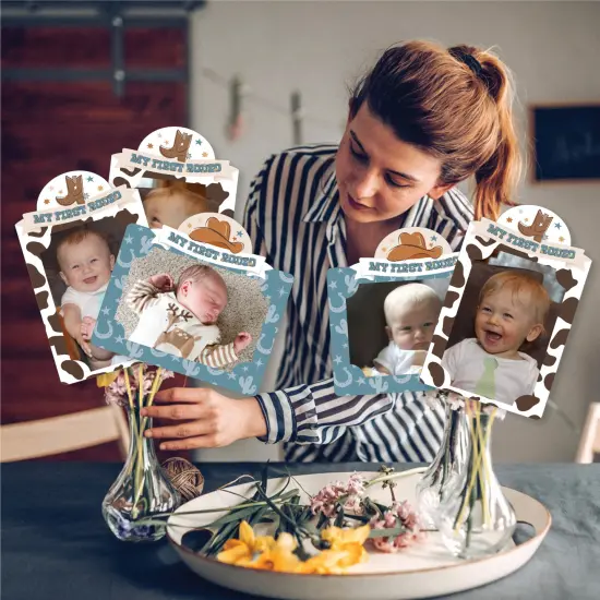 Big Dot of Happiness My First Rodeo - Little Cowboy 1st Birthday Party Picture Centerpiece Sticks - Photo Table Toppers - 15 Pieces {3}