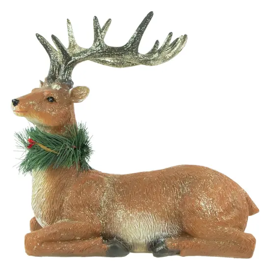 Northlight Glittered Sitting Deer with Pine Neck Wreath Christmas Decoration - 10" Brown {1}