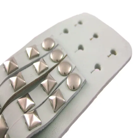 Gray Leather 4 Row Chrome Pyramid Stud Wristband {6}