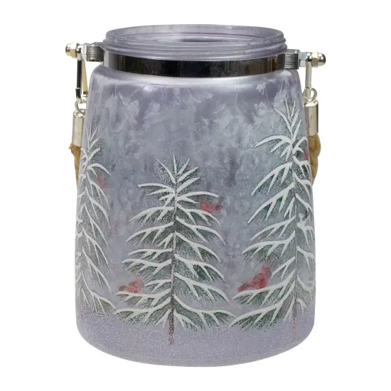 Northlight 6.25" Hand-Painted Pine Trees and Cardinals Flameless Glass Christmas Candle Holder Silver {1}