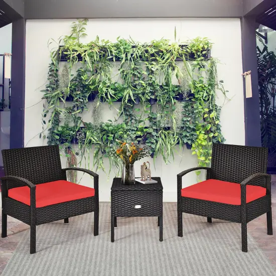 Costway 3PCS Patio Rattan Furniture Set Storage Table Cushioned Sofa Deck Red\Turquoise\White {7}