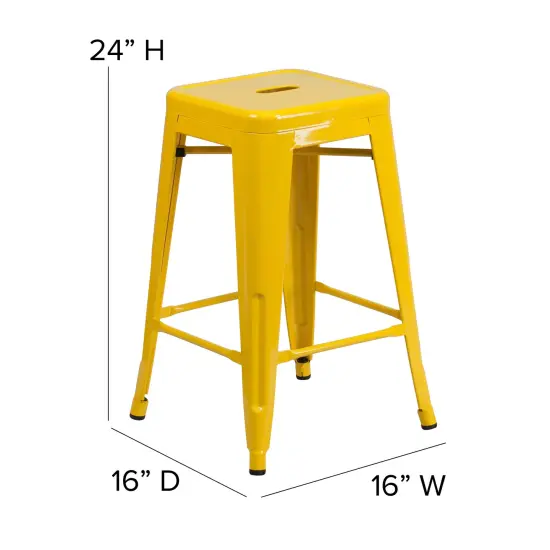 Emma and Oliver Kam Backless Metal Indoor-Outdoor Stool with All-Weather Polystyrene Seat Yellow/Teak {5}
