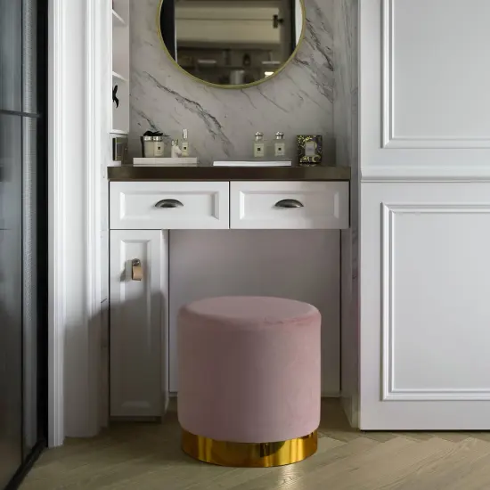 Modern Round Velvet Fabric Standard Ottoman Stool with Gold Base Green {12}