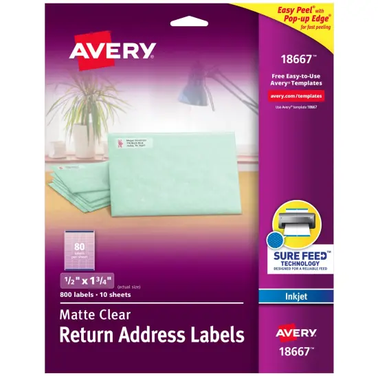 Avery Matte Clear Return Address Labels, Sure Feed Technology, Inkjet, 1/2" x 1-3/4", 800 Labels (18667) {1}