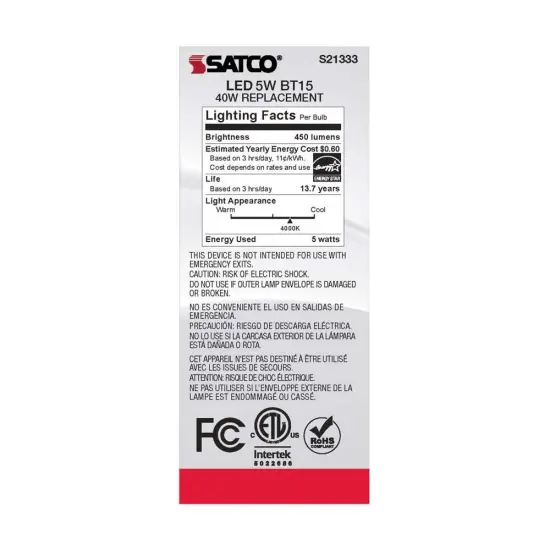 6Pk - Satco 5w BT15 LED 4000K Medium Base White Dimmable - 40w equiv Cool White {6}