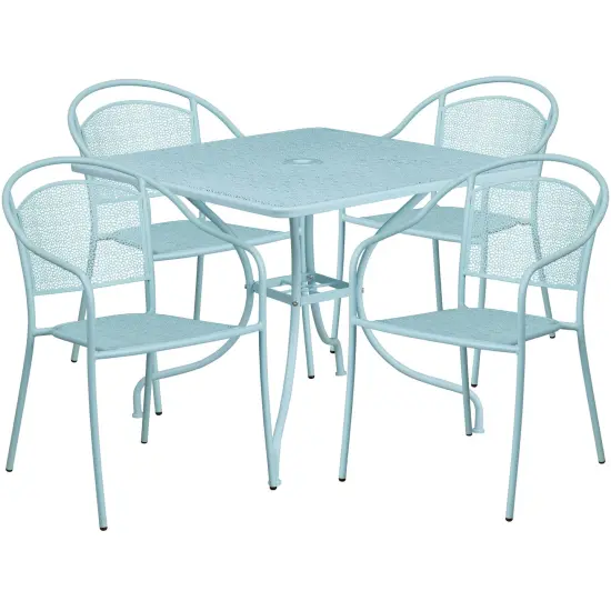 Emma and Oliver Commercial 35.5" Square Metal Garden Patio Table Set w/ 4 Round Back Chairs Sky Blue {1}