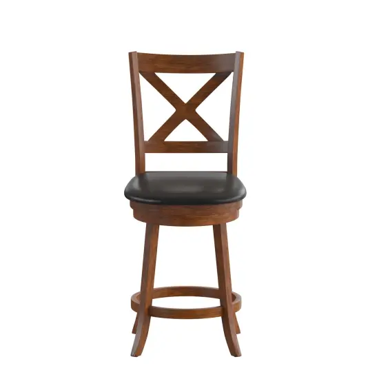 Merrick Lane Sora 24" Classic Wooden Crossback Swivel Counter Height Pub Stool with Upholstered Padded Seat and Integrated Footrest Antique Oak/Black {3}