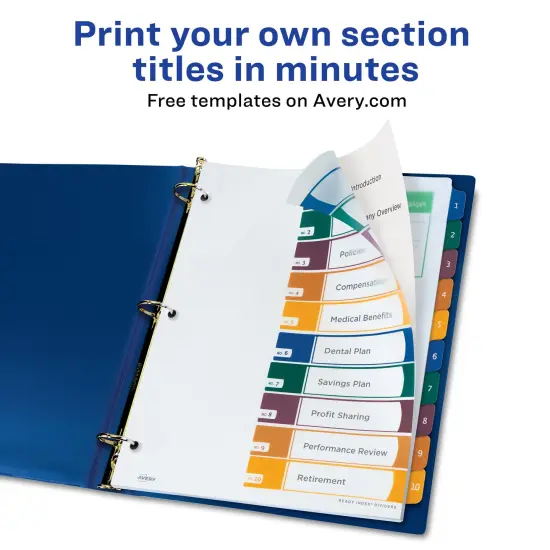 Avery Ready Index Plastic 10 Tab Binder Dividers, Customizable Table of Contents, Multicolor Tabs, 1 Set (11818) {3}