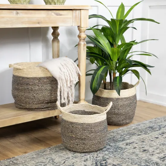 Northlight Set of 3 Beige and Brown Woven Seagrass Storage Baskets with Built-in Handles 13.25" {3}
