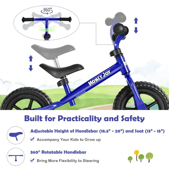 Kids No Pedal Balance Bike with Adjustable Handlebar and Seat Blue {4}