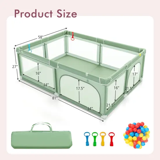 Portable Extra-Large Safety Baby Fence with Ocean Balls and Rings Green {5}