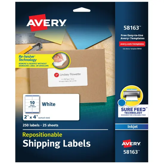 Avery Repositionable Shipping Labels, Sure Feed Technology, Repositionable Adhesive, 2" x 4", 250 Labels (58163) {1}
