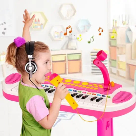 Kids Piano Keyboard with Adjustable Microphone and Stool Pink {2}