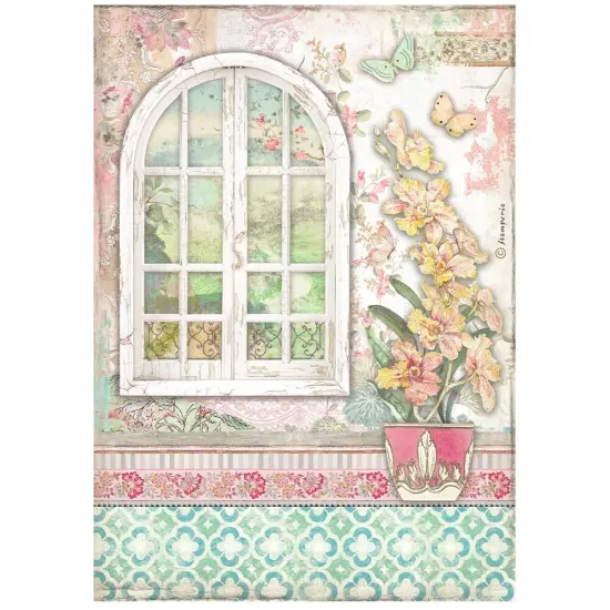 Stamperia Rice Paper Sheet A4-Orchids And Cats Window {1}