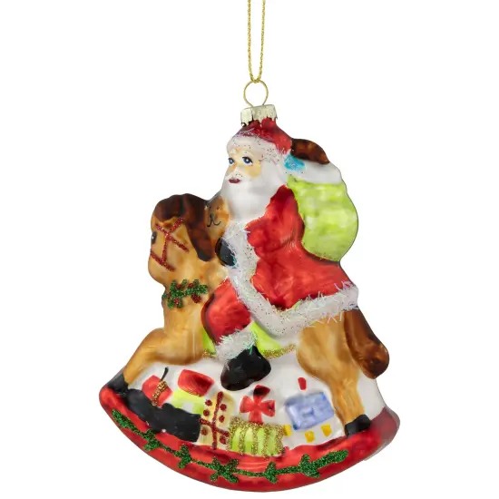 Northlight Santa on a Rocking Horse Glittered Glass Christmas Ornament - 4.75"- Red {4}