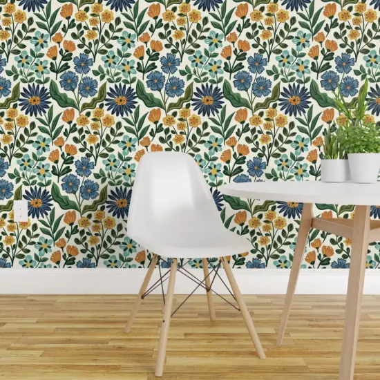 Peel & Stick Wallpaper 2FT Wide Wildflower Graceful Flowers Blossoms Petals Blue Green Orange Marigold Daisy Custom Removable Wallpaper by Spoonflower {1}