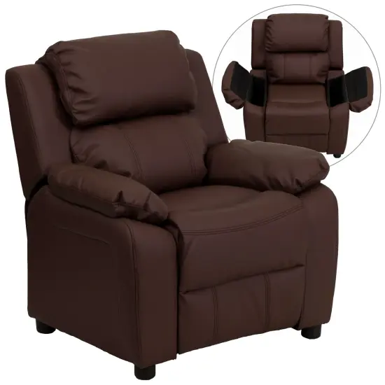 Emma and Oliver Deluxe Padded Contemporary Kids Recliner with Storage Arms Brown LeatherSoft {1}