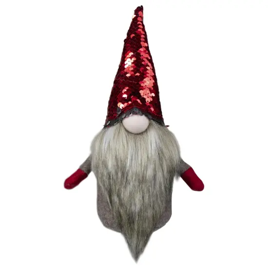 Northlight Gnome with Beard and Flip Sequin Hat Christmas Figure - 9" - Red and Gray {1}