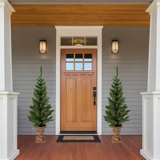 Northlight Set of 2 Pre-Lit Potted Porch Pine Topiary Slim Artificial Christmas Trees 4' - Clear Lights Green {3}