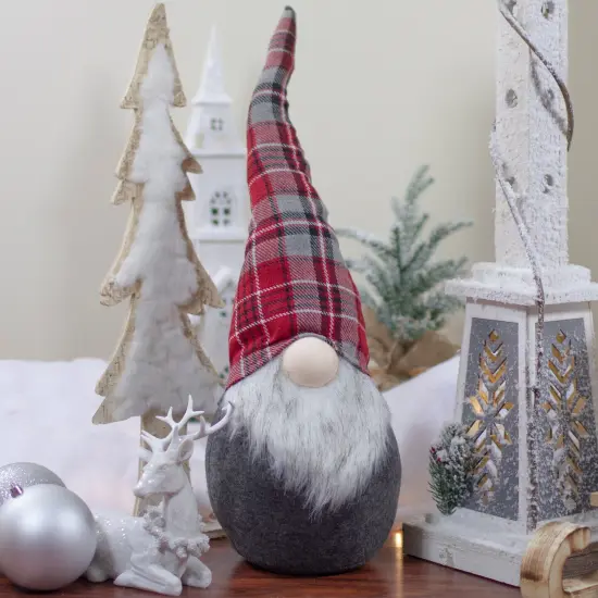 Northlight Plaid Bendable Hat Gnome Sitting Christmas Decoration - 25" - Red and Gray {3}