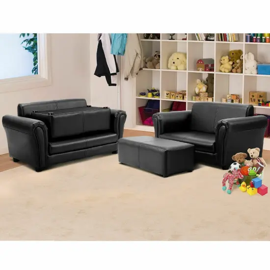 Soft Kids Double Sofa with Ottoman Black {6}