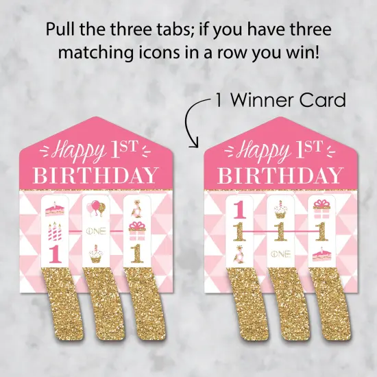 Big Dot of Happiness 1st Birthday Girl - Fun to be One - First Birthday Party Game Pickle Cards - Pull Tabs 3-in-a-Row - Set of 12 {4}