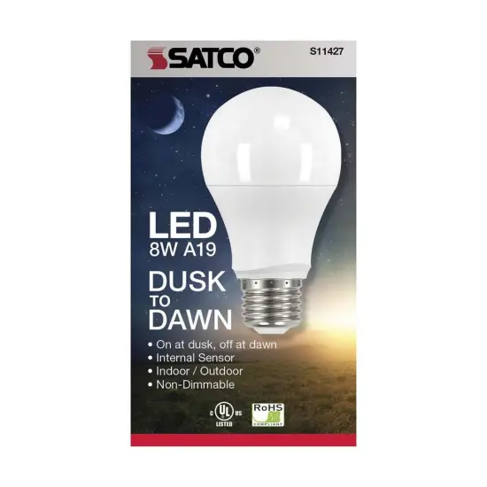 Satco 8w A19 LED Dusk to Dawn With PhotoCell 5000K Medium base 120v - 60w-equiv Natural Light {3}