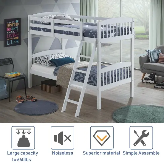 Wood Bunk Bed Twin with Inclined Ladder, Convertible, Safe and Space-Saving White {4}