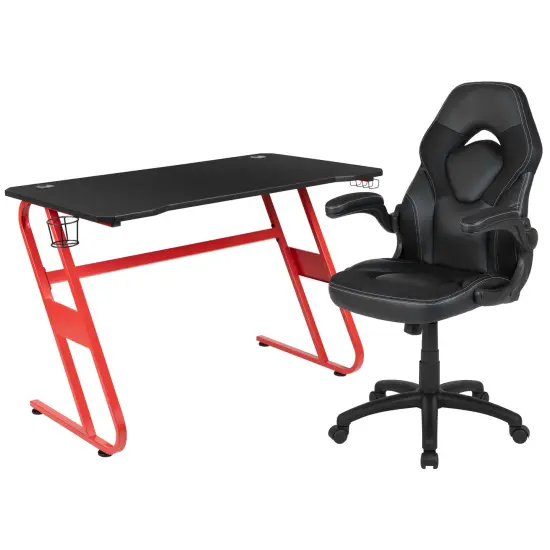 Emma and Oliver Gaming Desk and Racing Chair Set with Cup Holder and Headphone Hook Black {1}