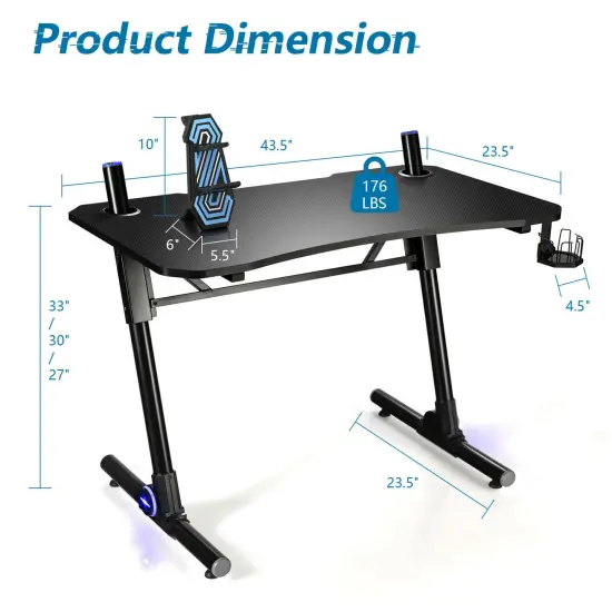 Costway Gaming Computer Desk Height Adjustable w/ LED Light & Gaming Handle Rack {2}