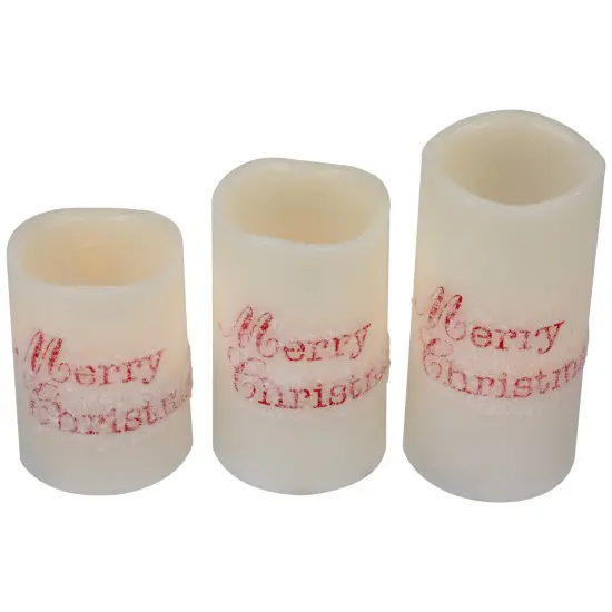 Northlight LED Flameless Frosted "Merry Christmas" Wax Pillar Candles - 6" - Set of 3 White {5}