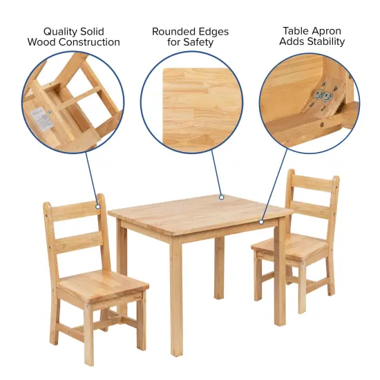Emma and Oliver Kids 3 Piece Solid Hardwood Table and Chair Set for Playroom, Kitchen Natural {4}