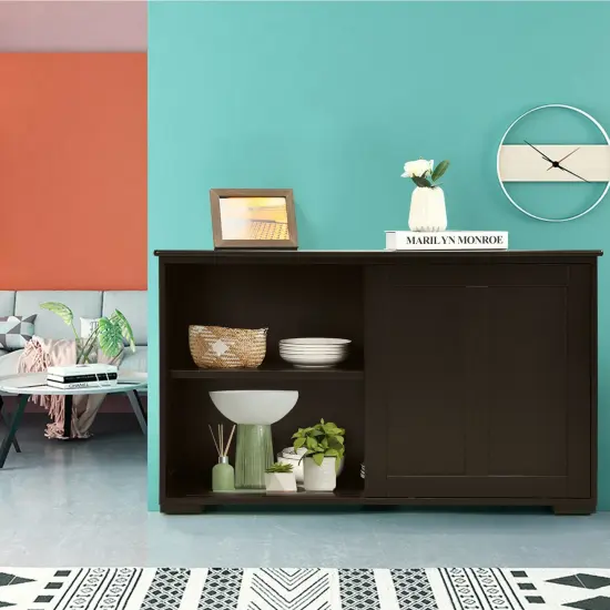 Kitchen Storage Cupboard Cabinet with Sliding Door and Adjustable Shelf Brown {3}