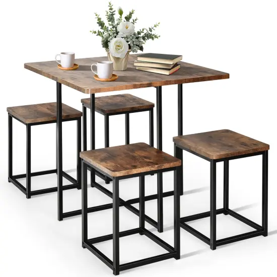 5 Pieces Metal Frame Dining Set with Compact Dining Table and 4 Stools Walnut - Black {3}